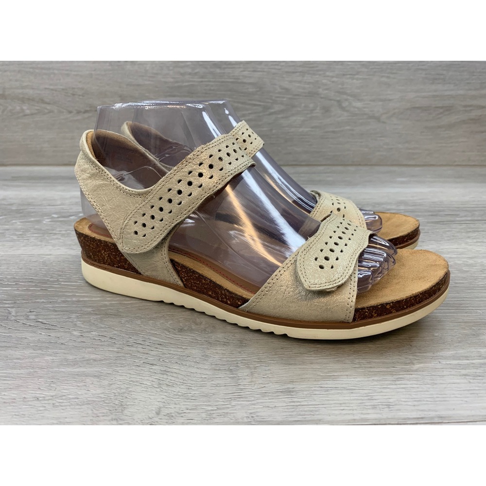 Cobb Hill Women's Trista Cream Metallic Leather Wedge Sandals Perforated 8